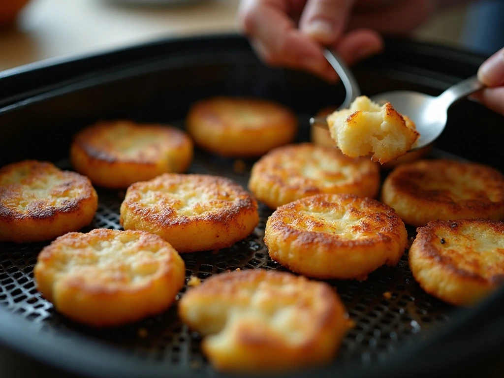 Turning potato cakes carefully in the air fryer basket