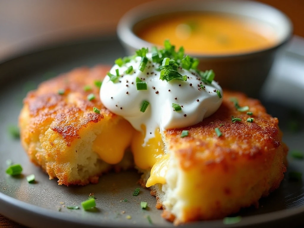 Crispy cheesy potato cake with sour cream and chives