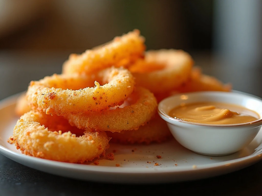 Golden crispy air fryer onion rings served with dipping sauce