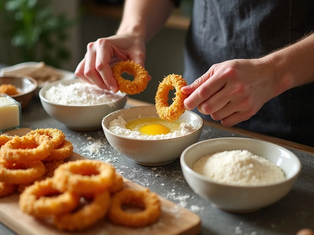 Coating onion rings in flour egg and panko breadcrumbs