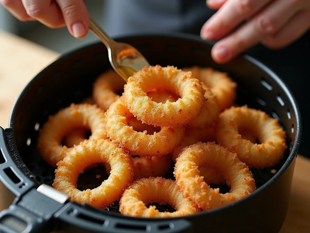 Breaded onion rings arranged in a single layer in an air fryer