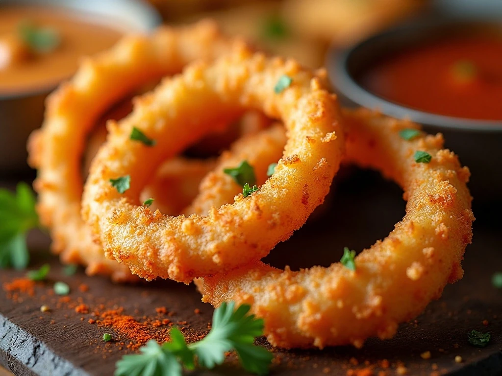 Crispy onion rings with dipping sauces and garnish