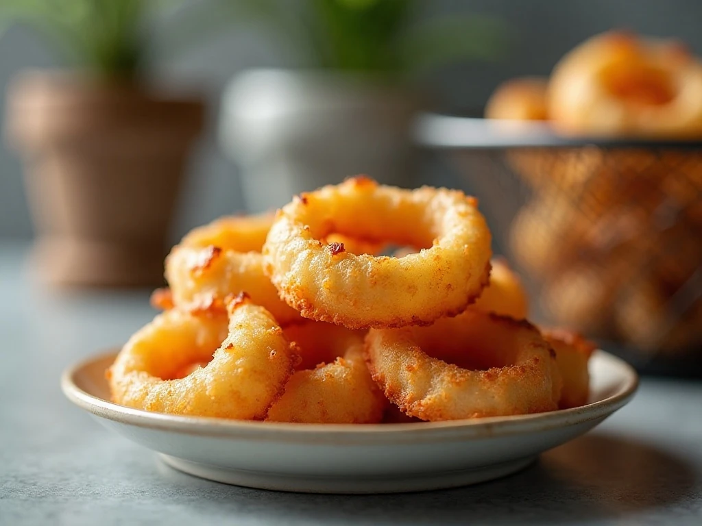 Reheated air fryer onion rings on a serving plate
