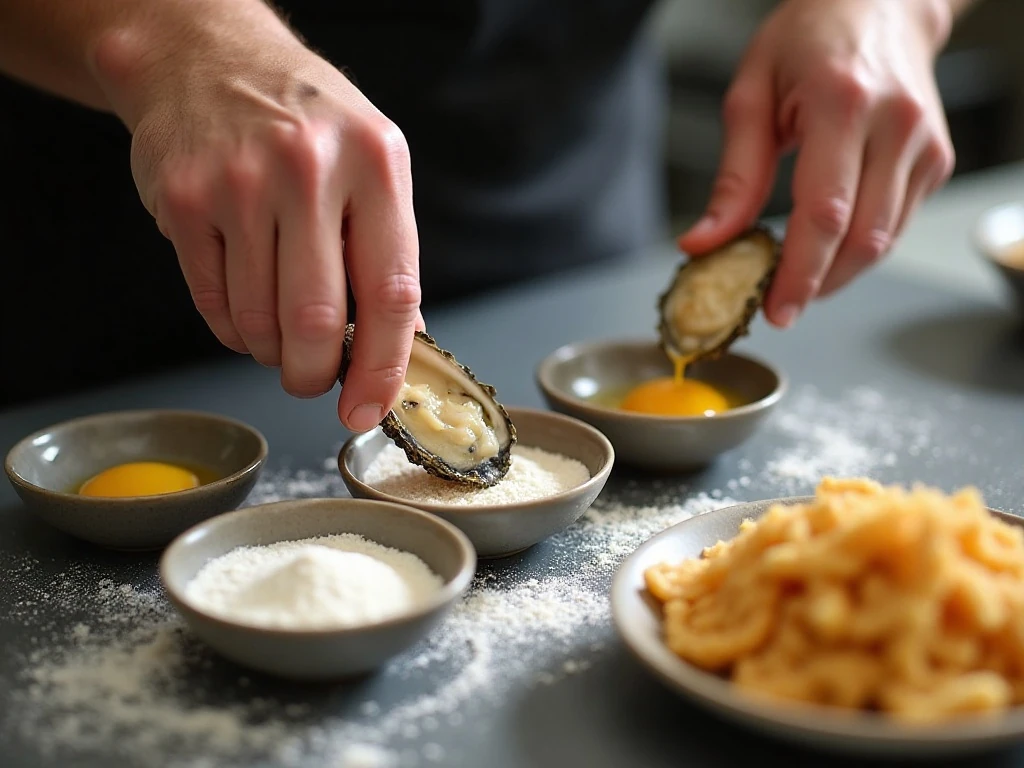 Breading oysters with flour egg and panko