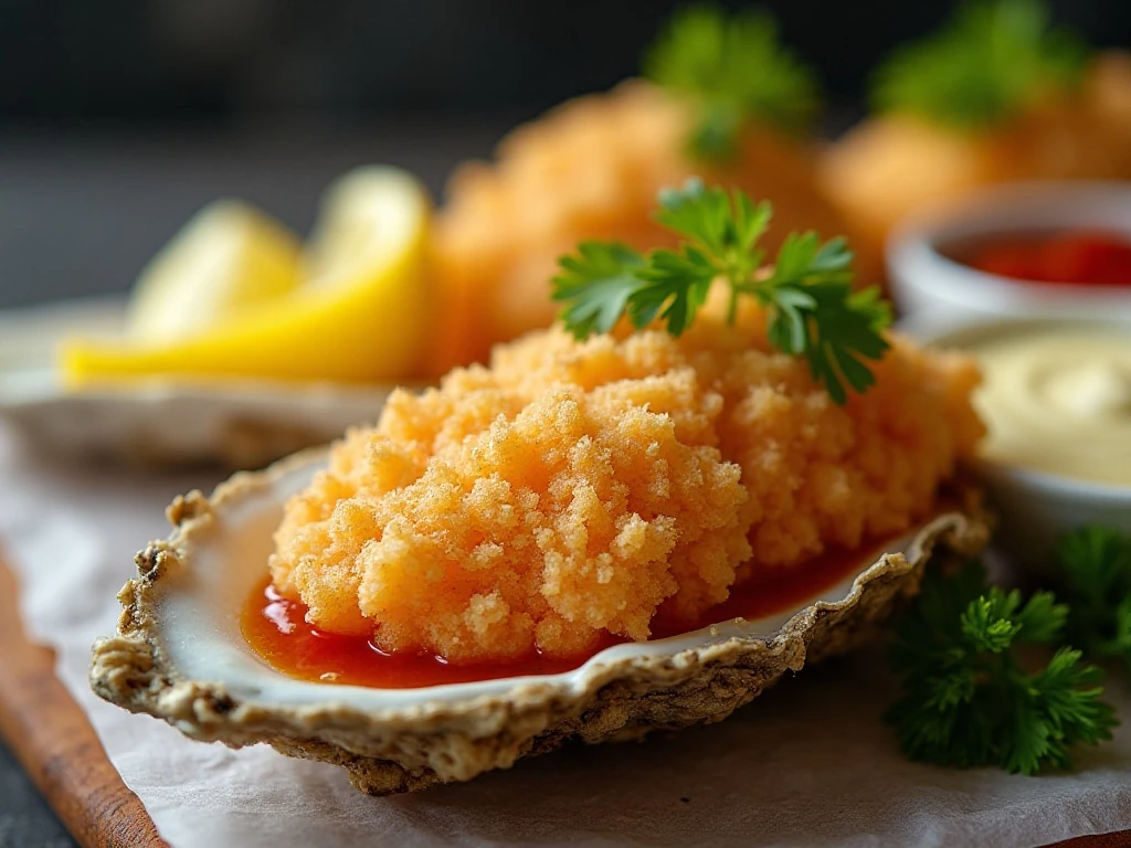 Crispy oysters served with lemon and three dipping sauces