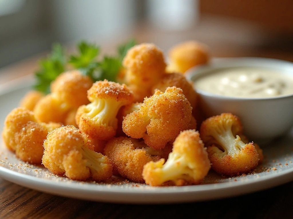 Crispy air fryer Parmesan cauliflower served with dipping sauce
