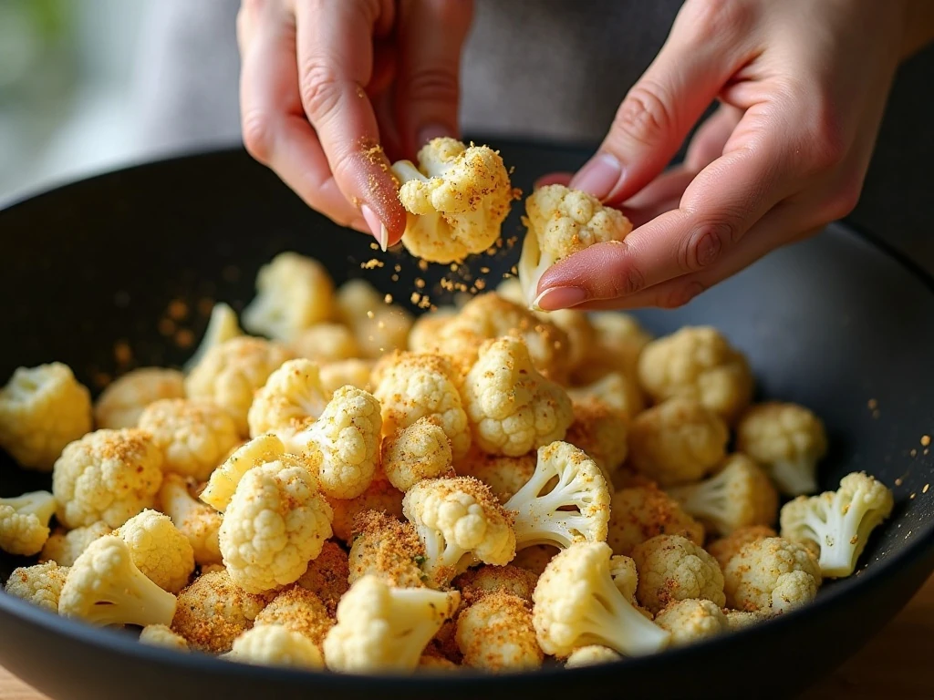 Tossing cauliflower with Parmesan seasoning before air frying
