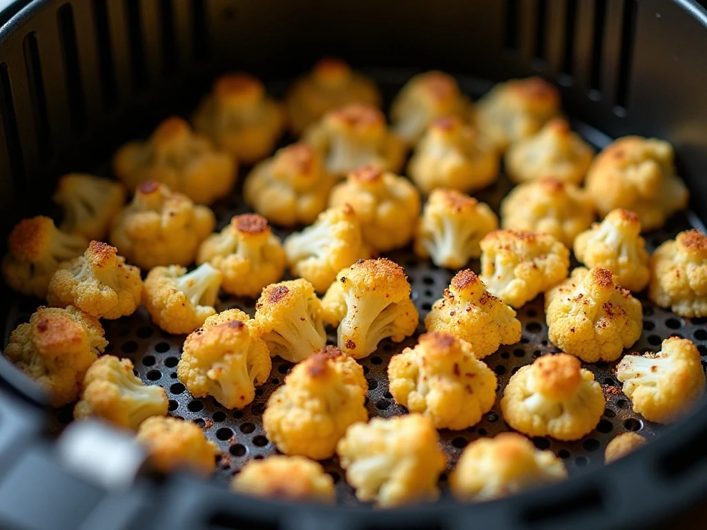 Cauliflower arranged in a single layer in an air fryer basket