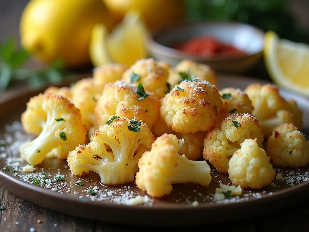 Close-up of Parmesan cauliflower with garnish and lemon