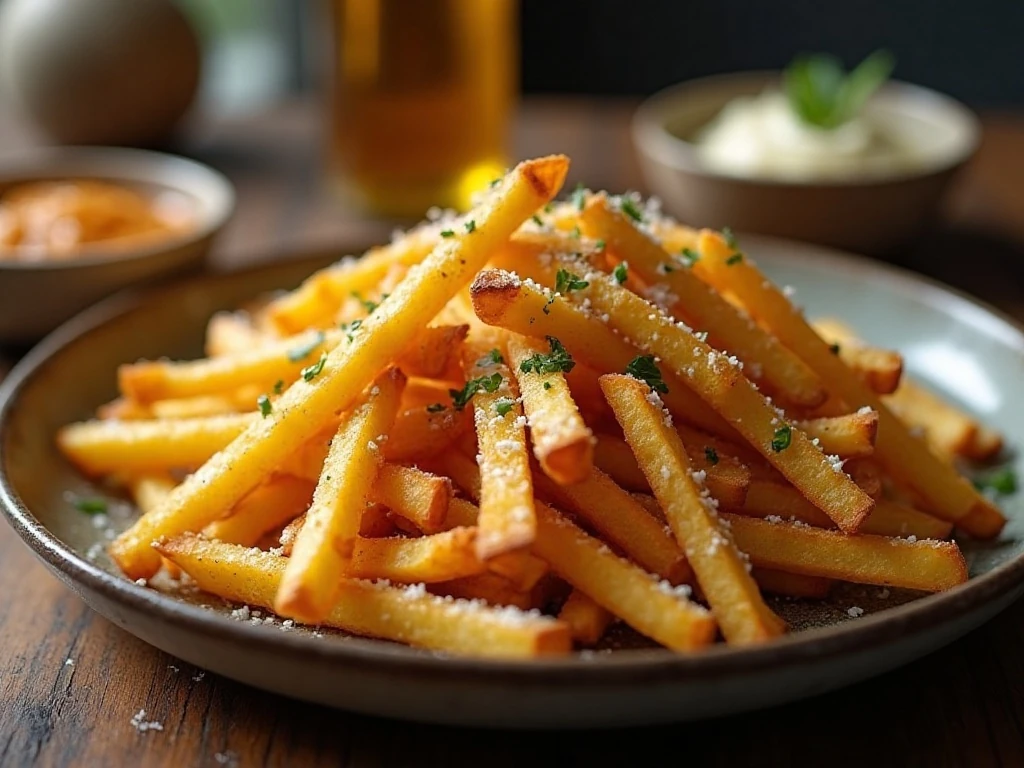 Crispy Parmesan steak fries served with dipping sauces
