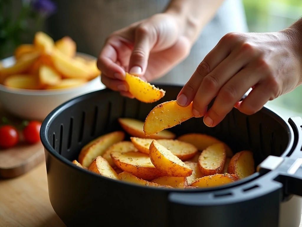 Seasoned potato wedges arranged in an air fryer basket