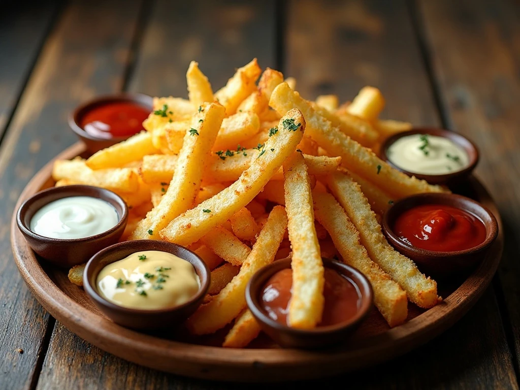 Parmesan steak fries with four dipping sauces