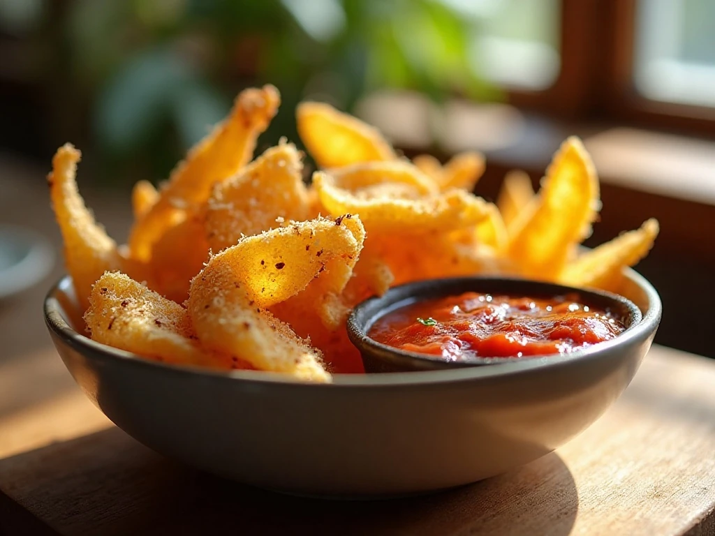 Crispy air fryer pasta chips served with marinara sauce