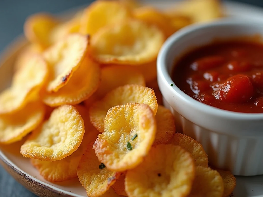Golden pasta chips with marinara dipping sauce