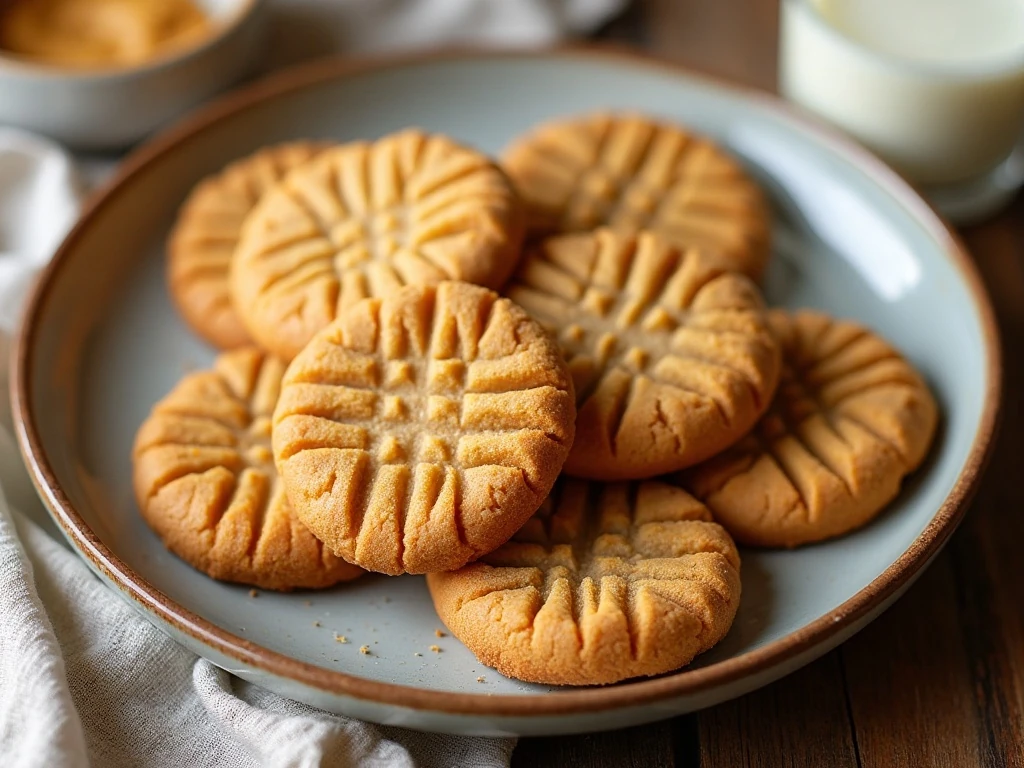 Small plate of homemade air fryer peanut butter cookies served with milk