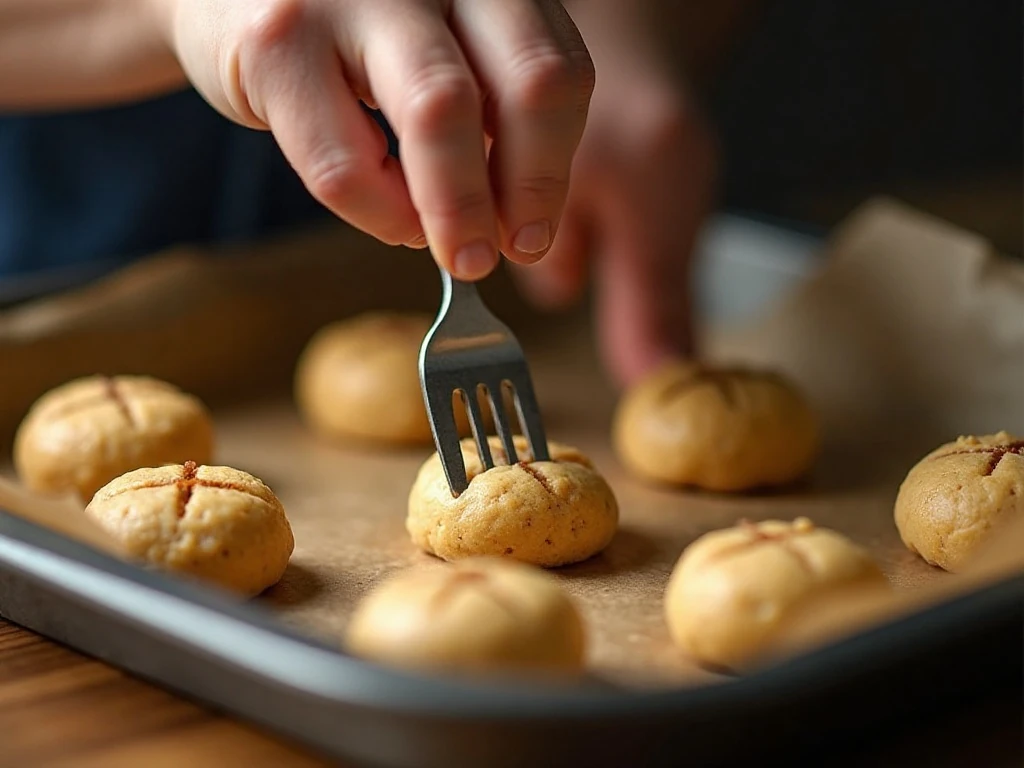 Peanut butter cookie dough being shaped with a fork for the air fryer