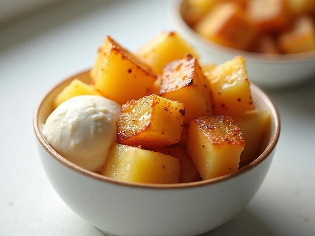 Warm caramelized pineapple made in the air fryer with cinnamon and brown sugar