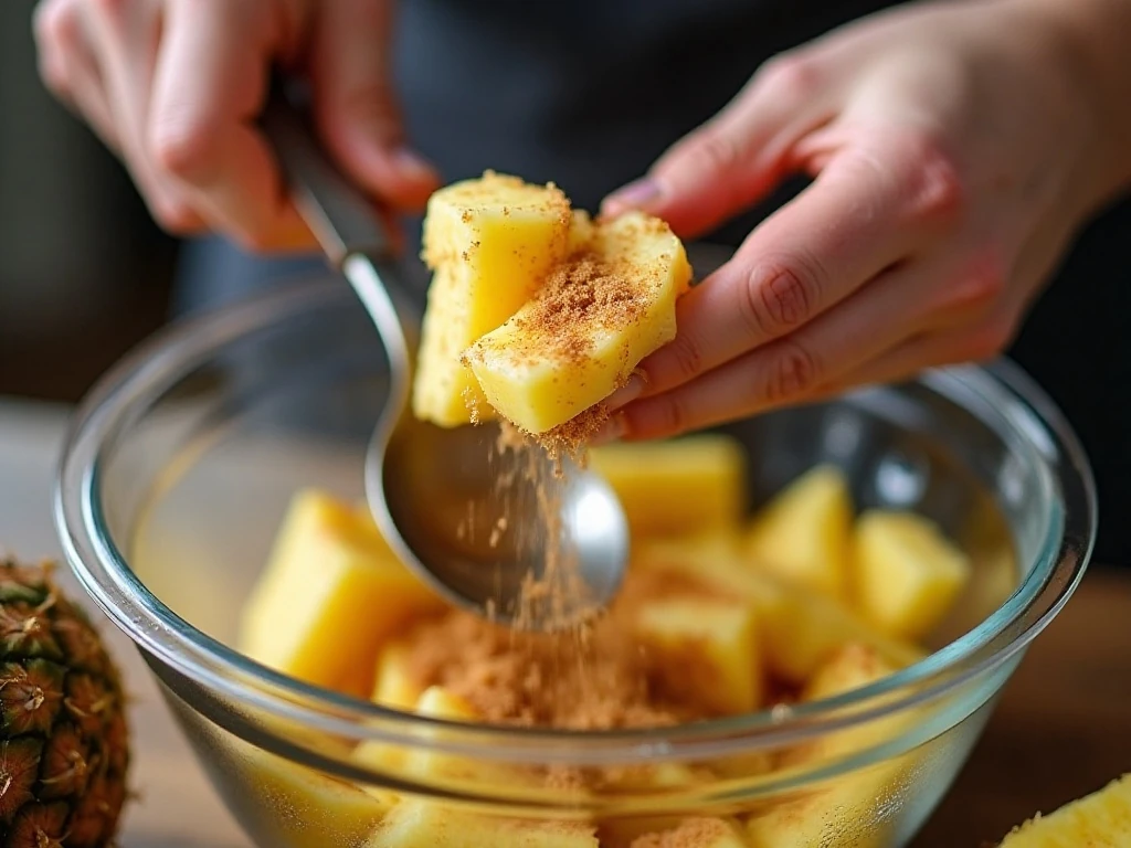 Tossing pineapple with cinnamon brown sugar butter coating before air frying