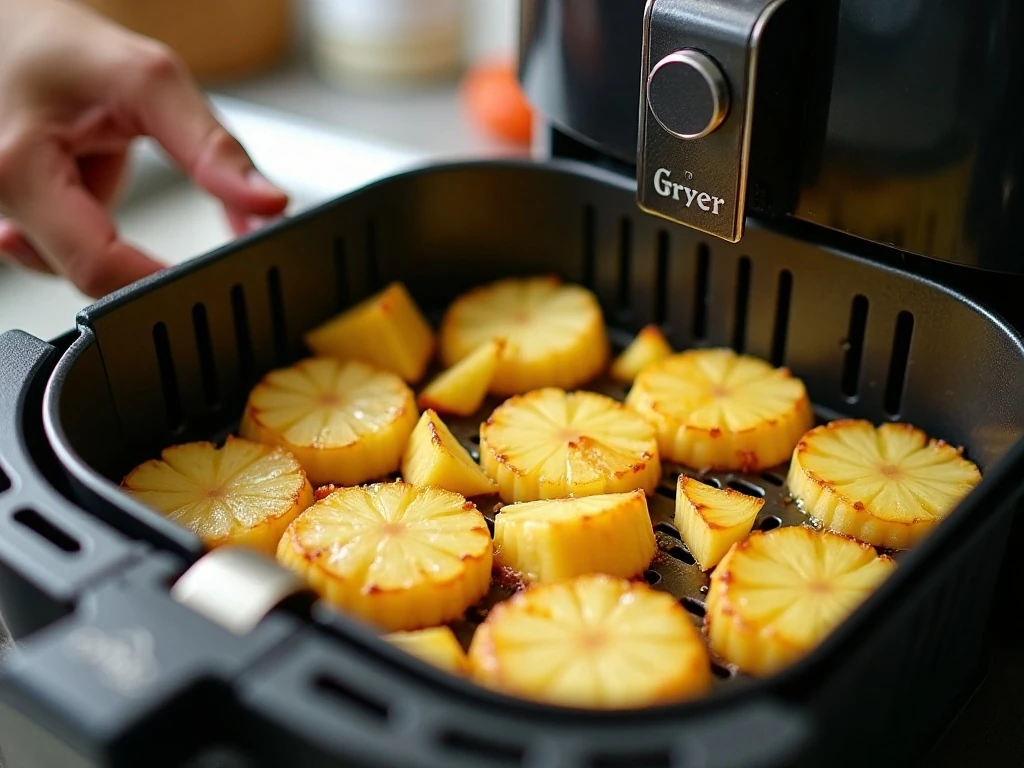 Pineapple arranged in a single layer for even air fryer browning