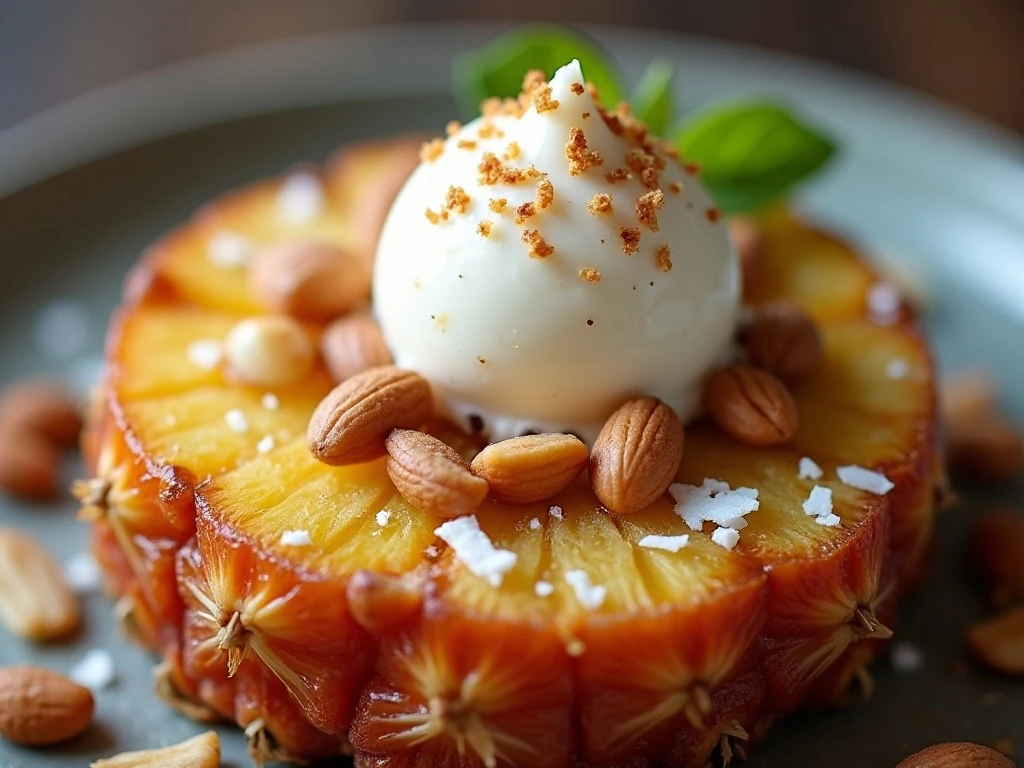 Air fryer pineapple served with ice cream coconut and chopped nuts