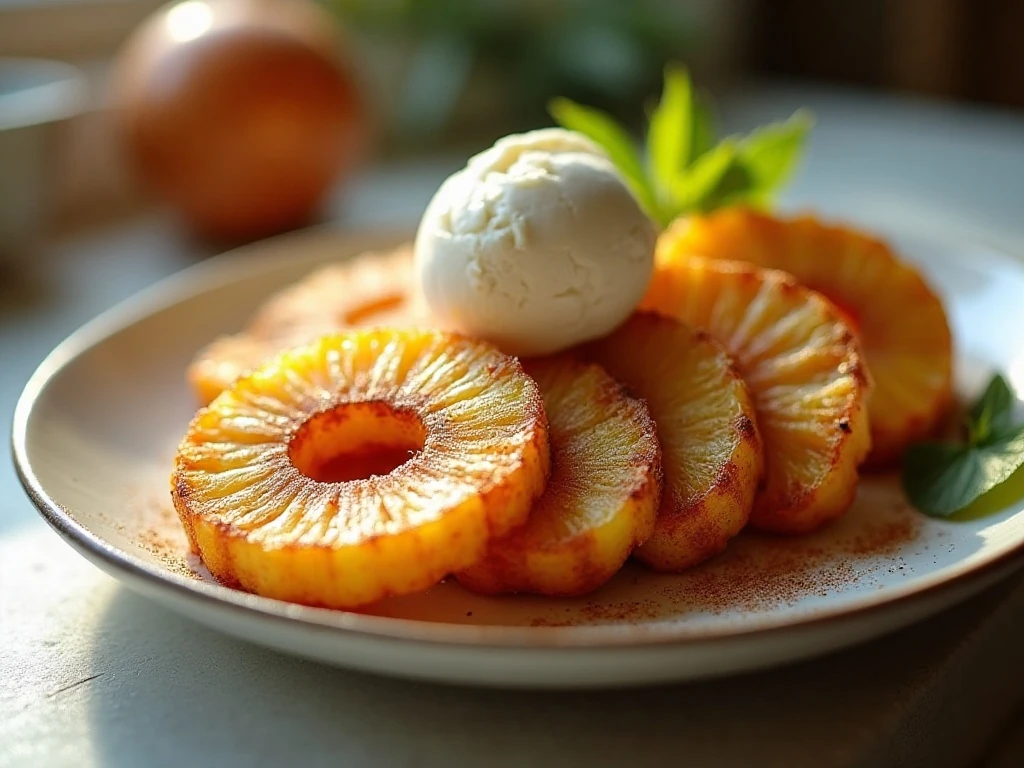 Warm caramelized air fryer pineapple wedges served with vanilla ice cream
