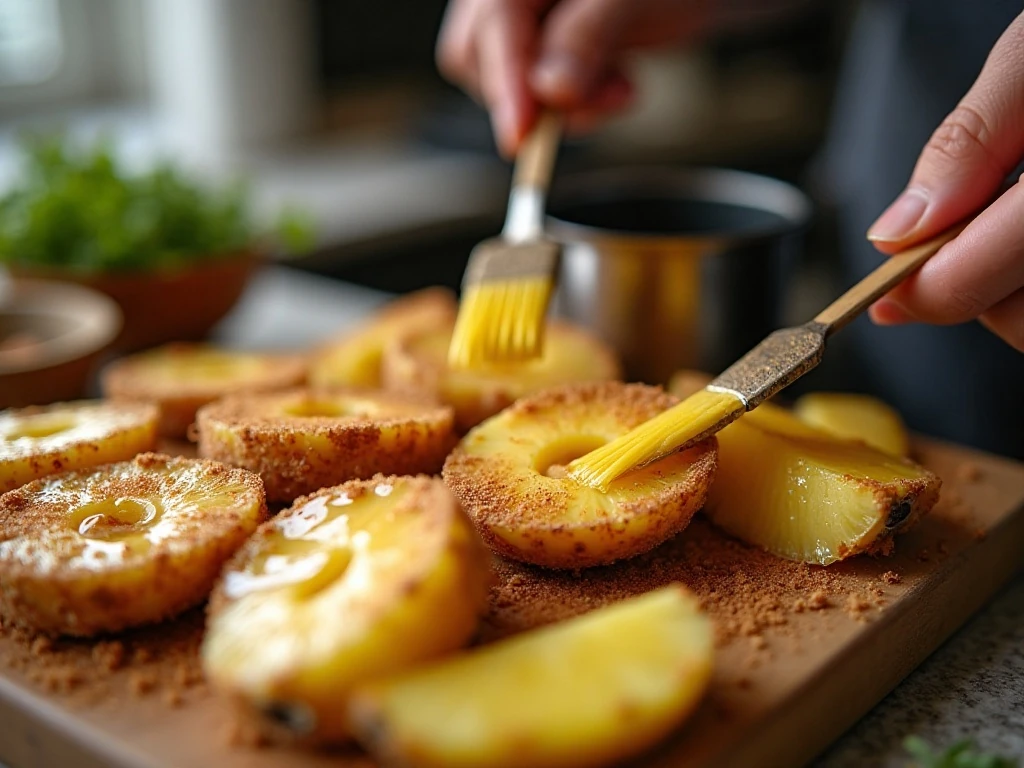 Pineapple wedges coated with butter and cinnamon sugar before air frying