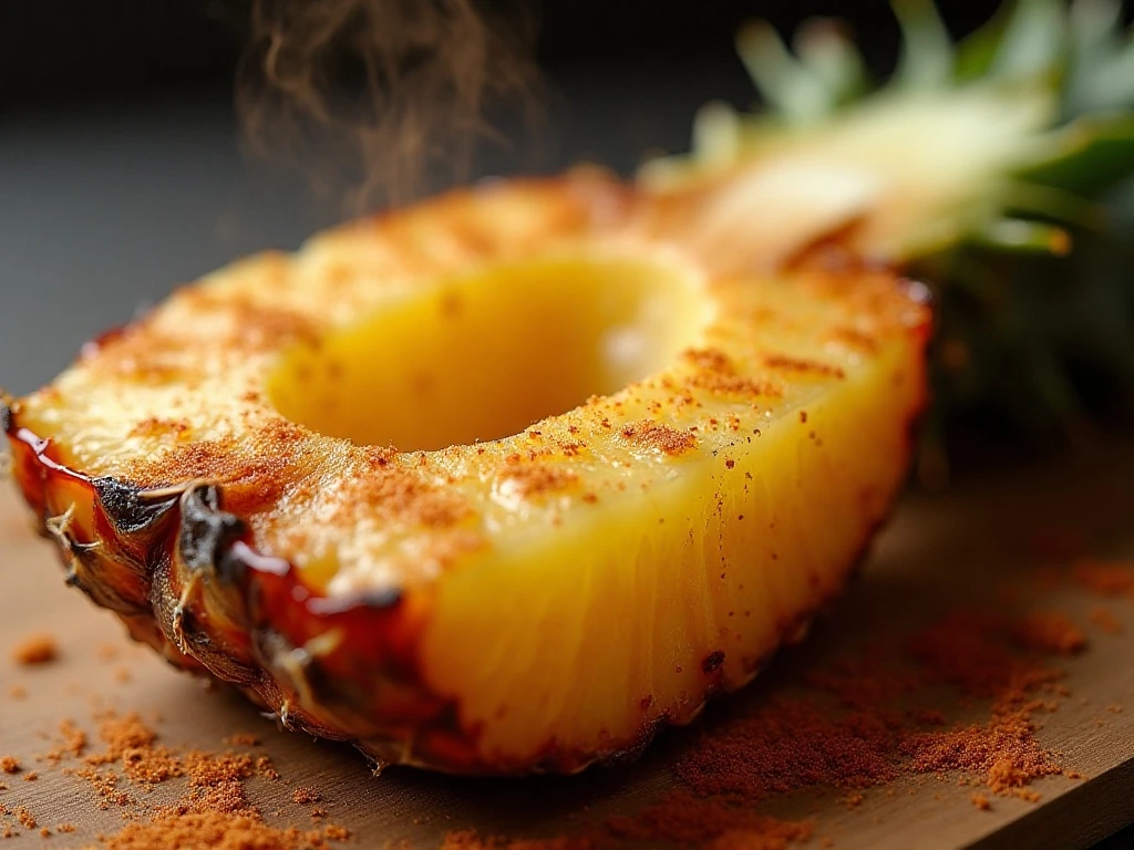 Close-up of caramelized cinnamon pineapple with browned edges