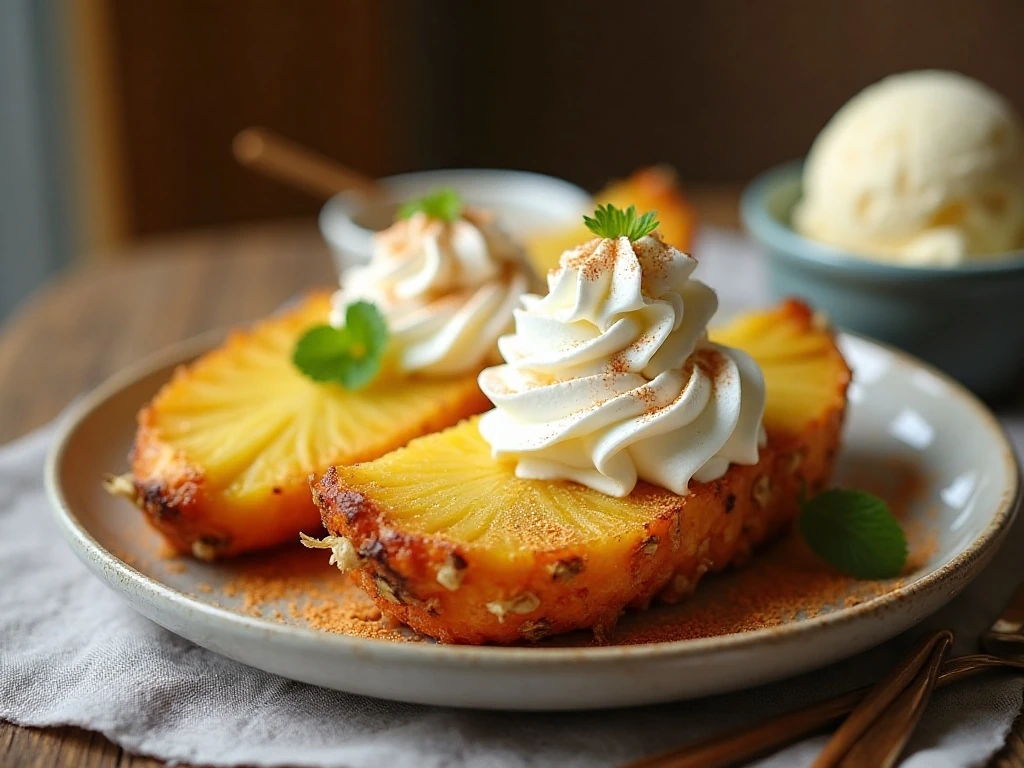 Air fryer pineapple served with whipped cream, ice cream, and cinnamon sugar