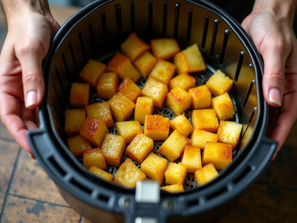 Pineapple pieces spaced in an air fryer basket