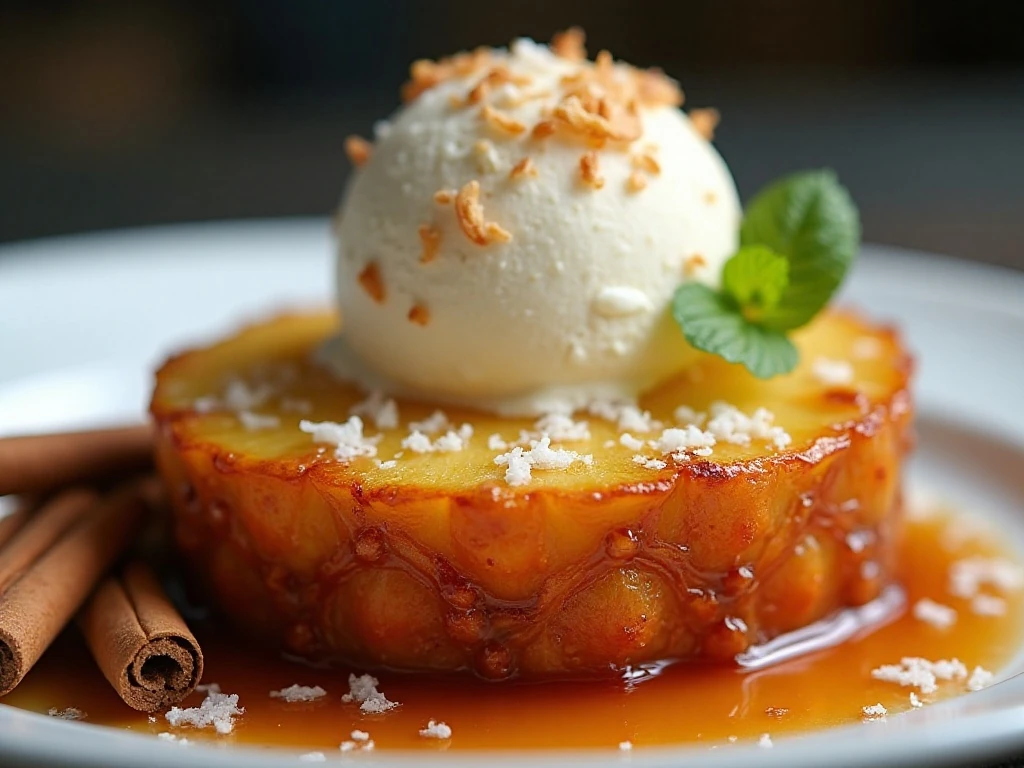 Air fryer pineapple served with ice cream and coconut