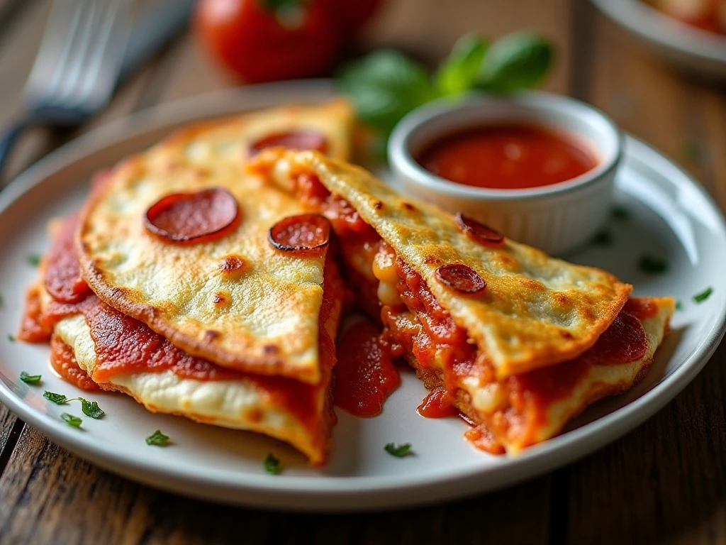 Crispy pepperoni pizza quesadillas served with pizza sauce