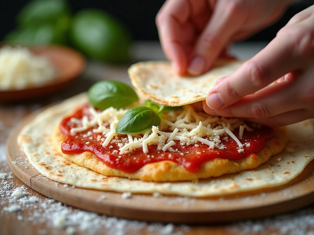 Layering pizza quesadilla ingredients before air frying