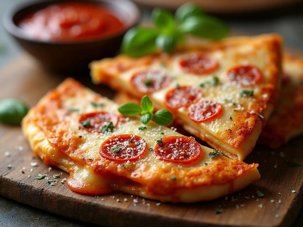 Close-up of melted cheese inside a crispy pizza quesadilla