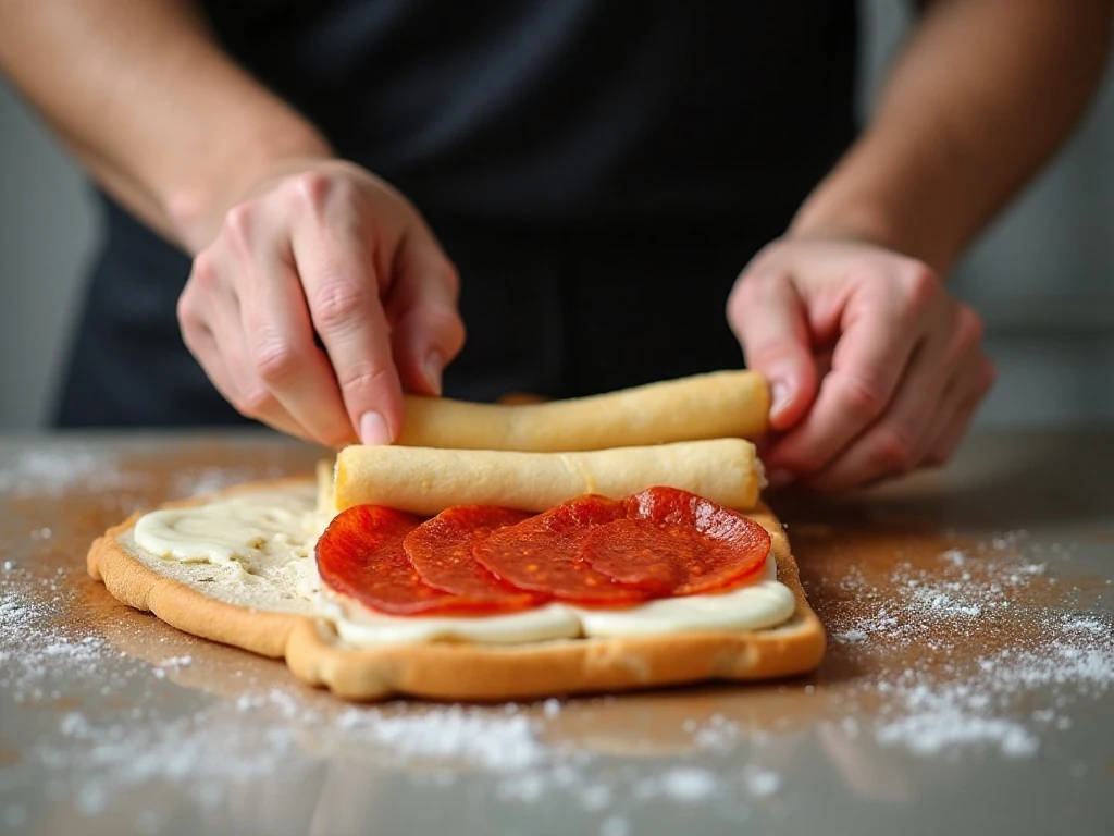 Preparing sandwich bread pizza roll-ups with sauce pepperoni and mozzarella