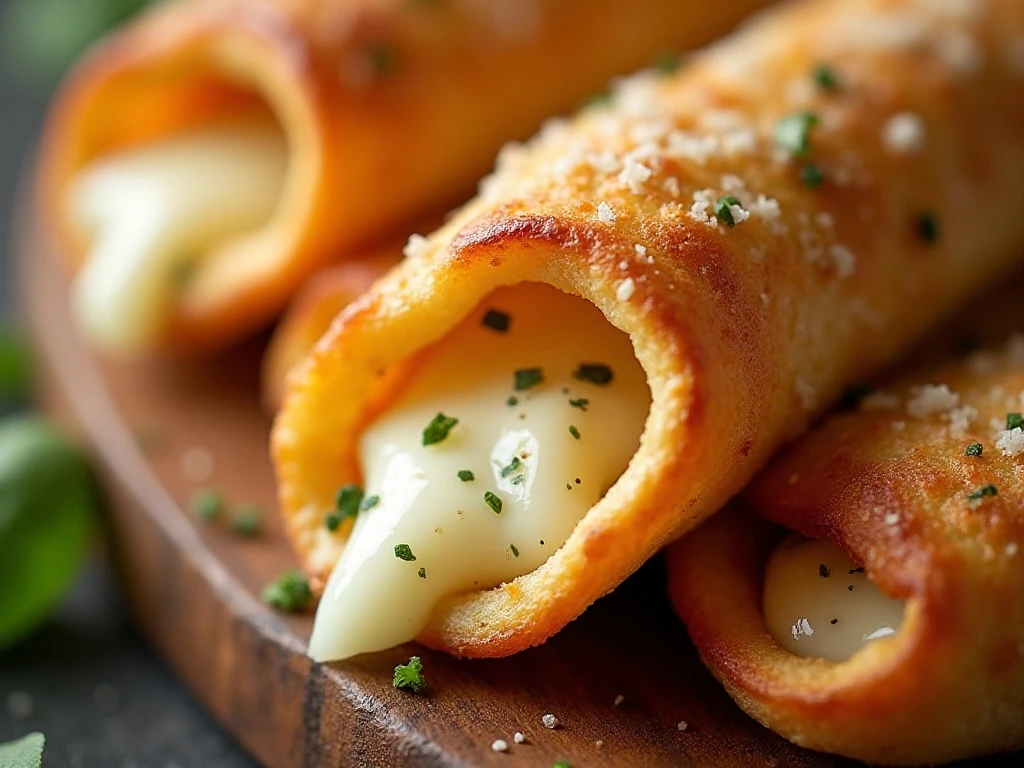 Close-up of crisp Parmesan-seasoned pizza roll-up texture