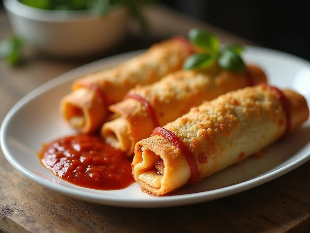 Reheated air fryer pizza roll-ups served crisp with marinara