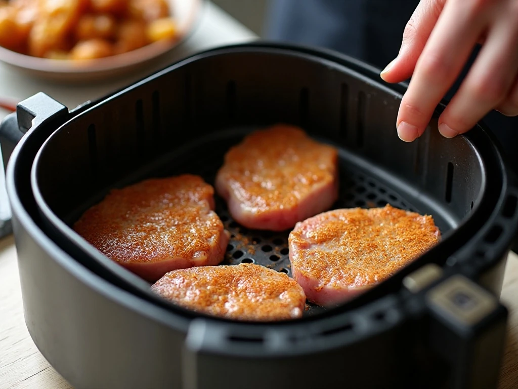 Seasoned pork chops arranged in an air fryer basket