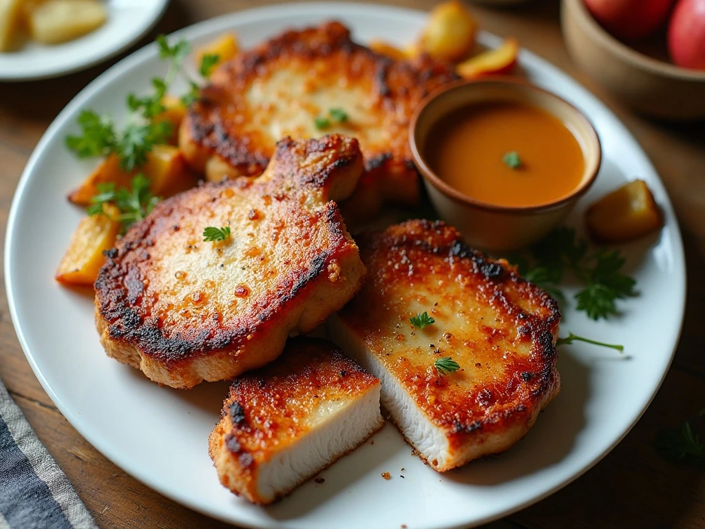 Golden air fryer pork chops served with vegetables