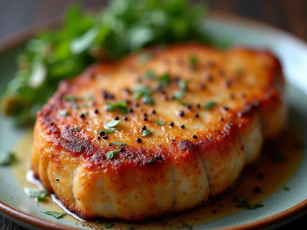 Close-up of the seasoned crust on an air fryer pork chop