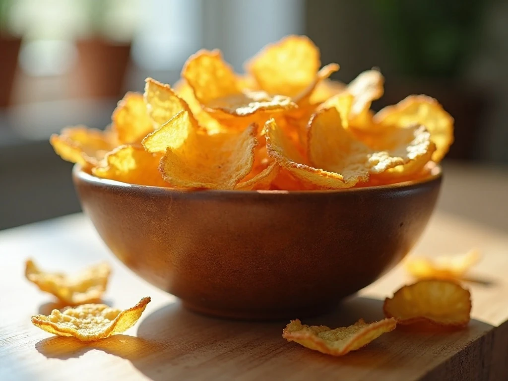 Crispy homemade air fryer potato chips in a bowl
