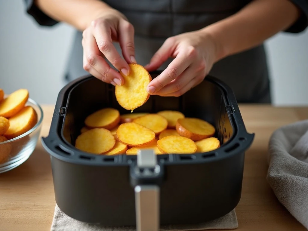 Thin potato slices arranged in an air fryer basket