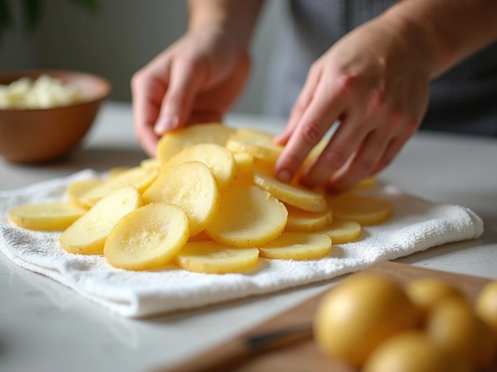 Potato slices drying before air frying