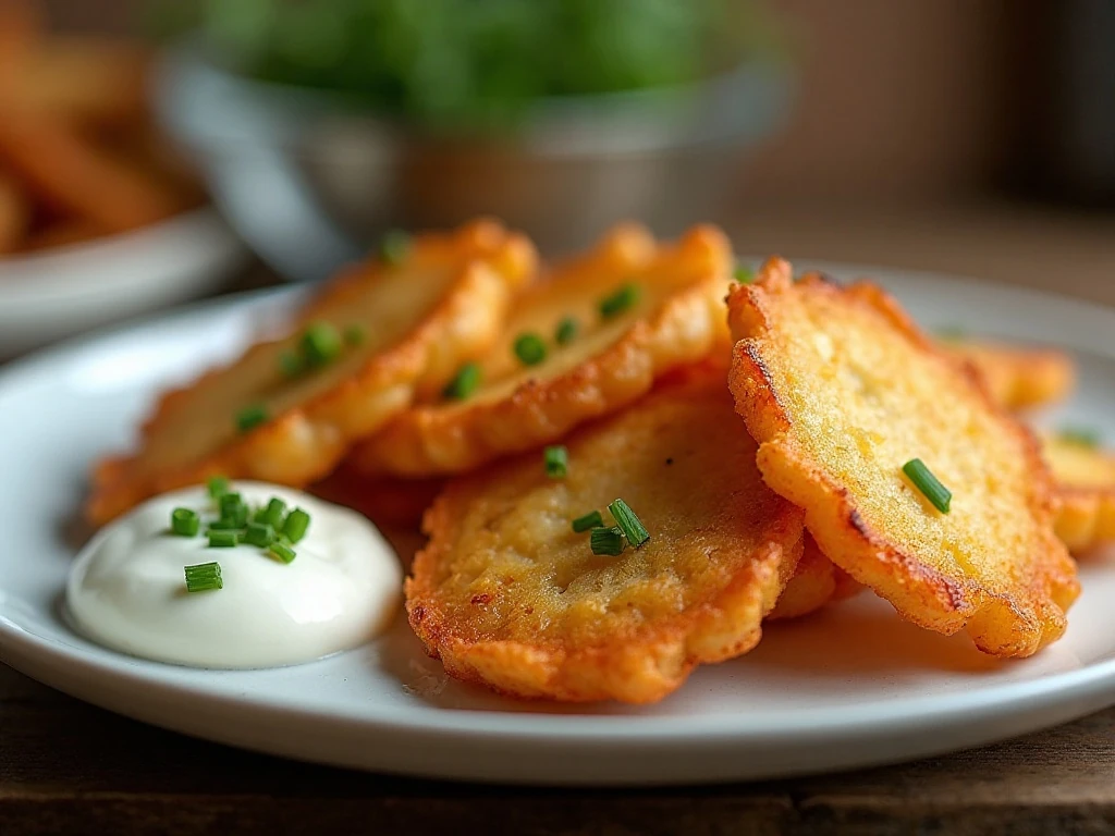 Golden crispy air fryer potato fritters served with sour cream and chives
