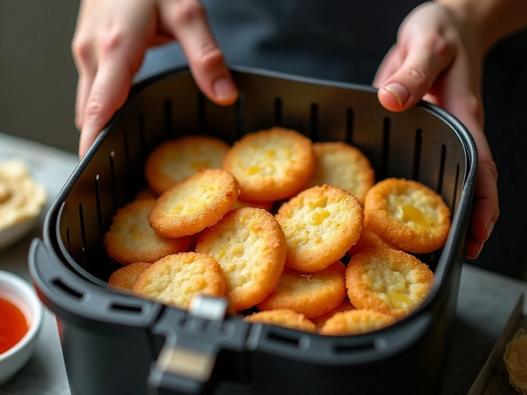 Thin potato fritters arranged in a single layer in an air fryer basket