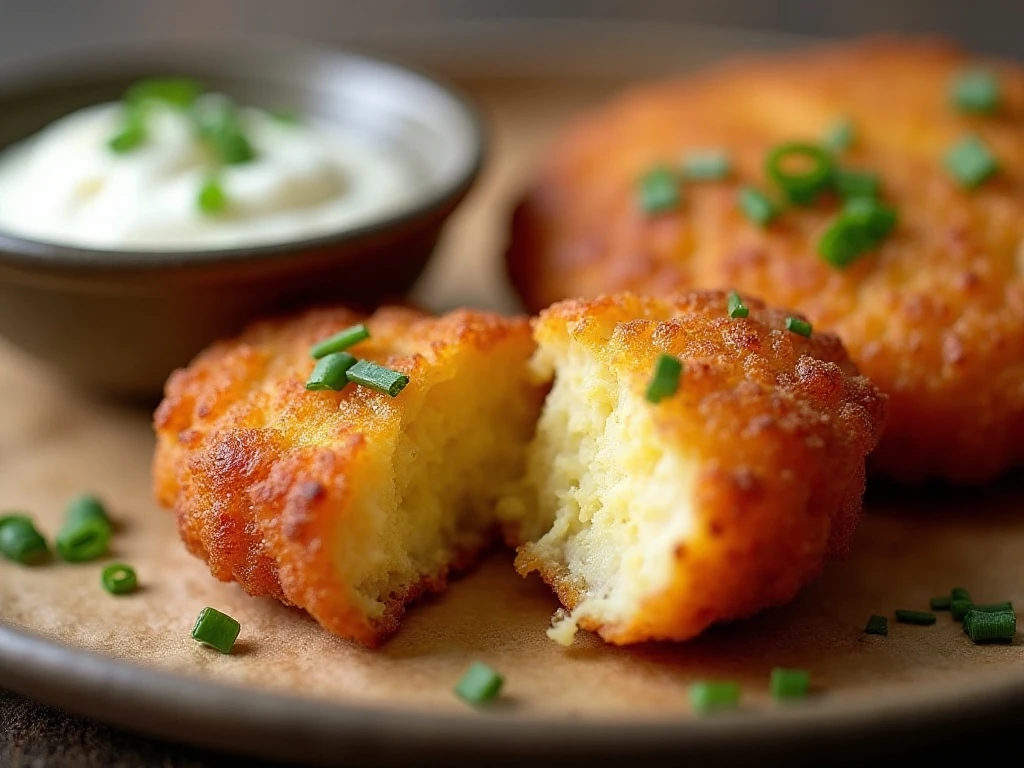 Crispy potato fritter with sour cream, chives, and applesauce