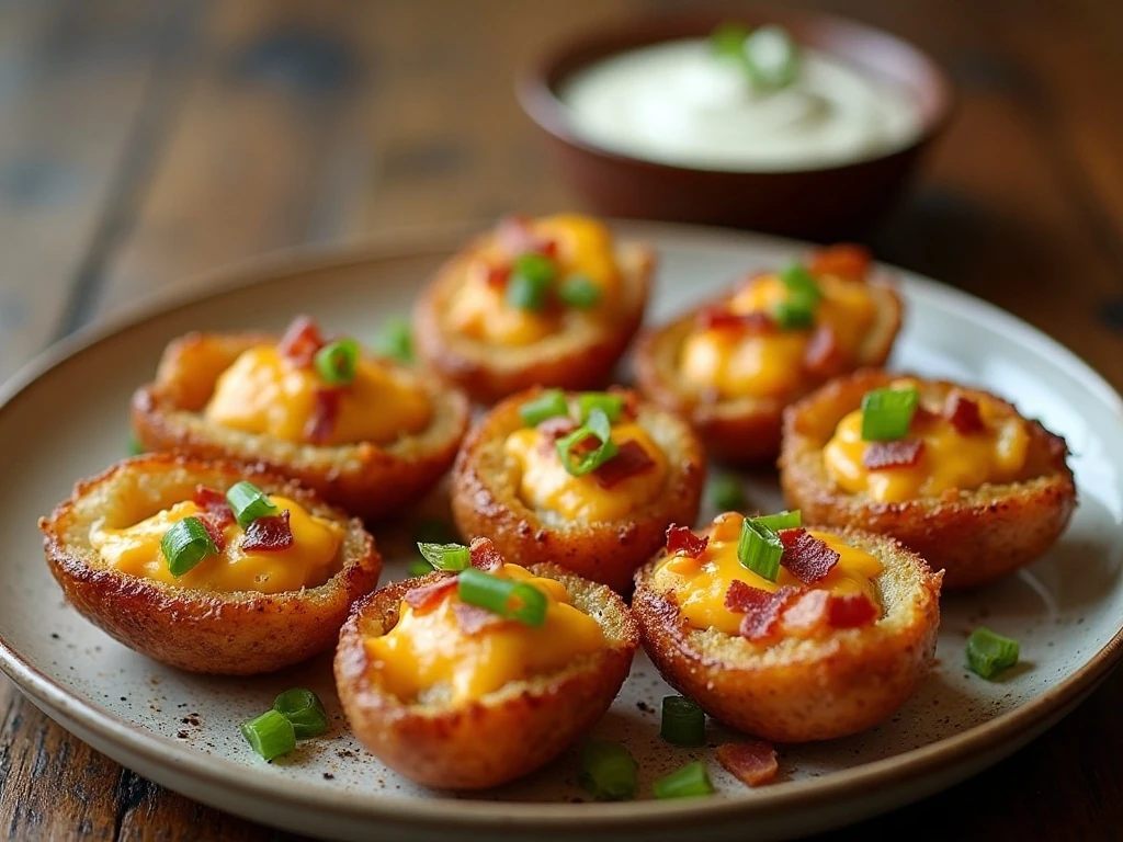 Crispy air fryer potato skins filled with cheddar, bacon, and green onions