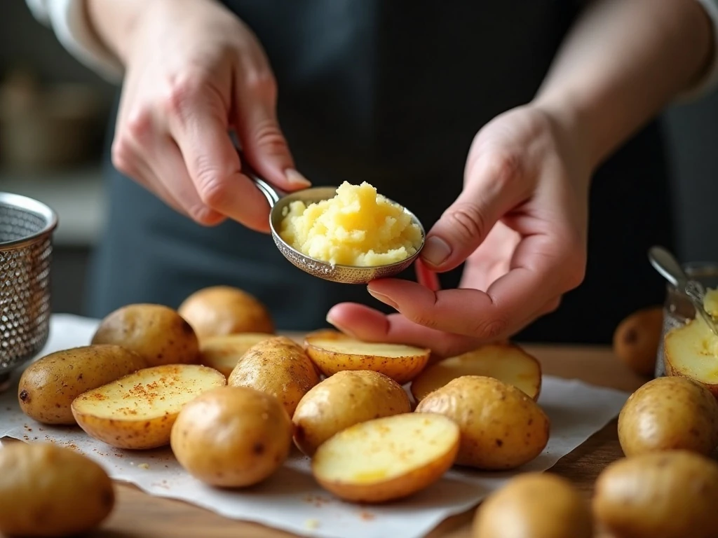 Scooping cooked potatoes to prepare air fryer potato skin shells