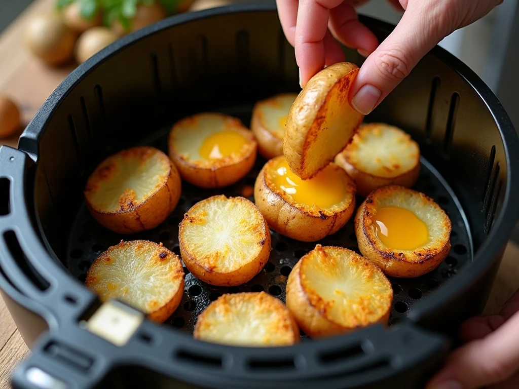 Potato skins arranged in a single layer for air frying