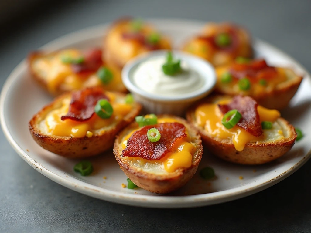 Reheated crispy air fryer potato skins served with sour cream