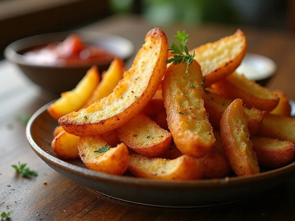 Crispy golden air fryer potato wedges served with dipping sauce